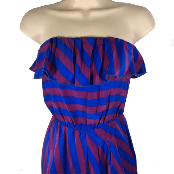 Purple Blue 70s Strapless Silk Mini Party Dress - Picture 2 of 8